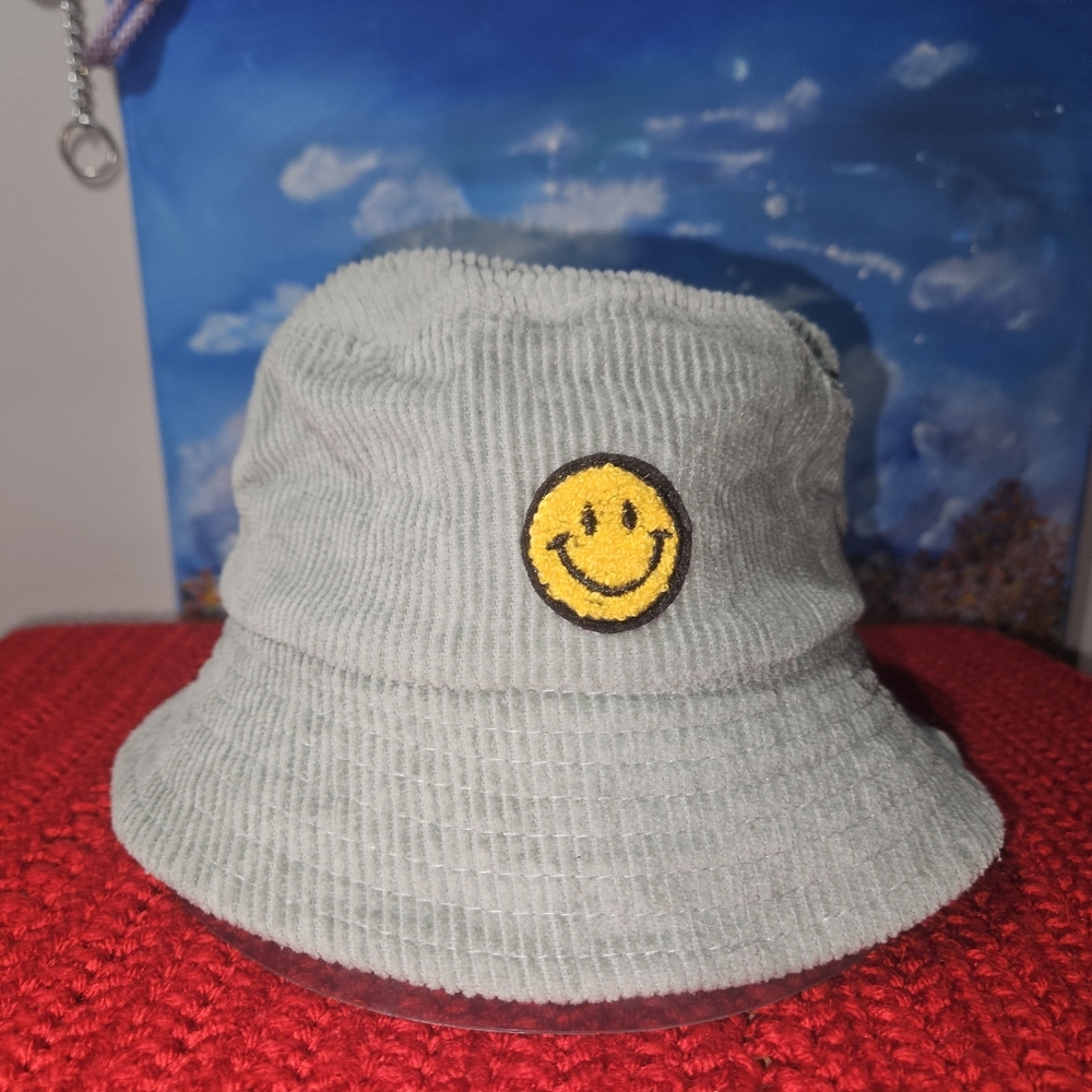 Green Corduroy Bucket Hat with Smiley Patch